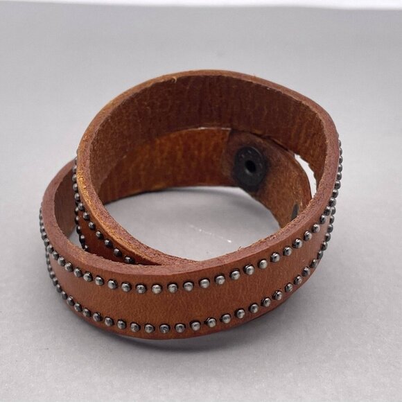 Yik Fung Wrap Leather Studded Detail Bracelet Snap Closure Brown 15.5 Inches - Picture 2 of 4